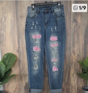 Distressed Boyfriend Jeans With Pink Patchwork Accents